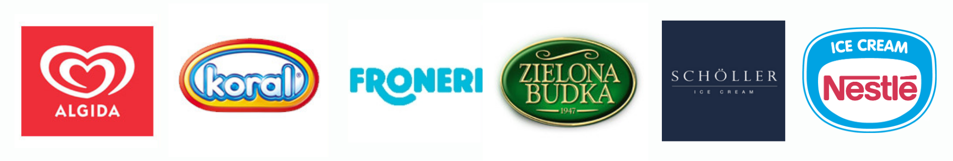 Logotypy producentów – Algida, Koral, Froneri, Zielona Budka, Schöller, Nestlé Ice Cream